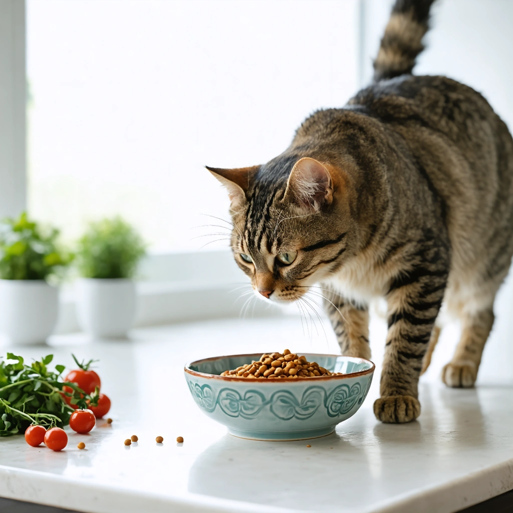 Un chat domestique mange de la patee dans une cuisine lumineuse, avec un bol d'eau a proximite, illustrant l'hydratation utile pour prevenir les calculs urinaires.