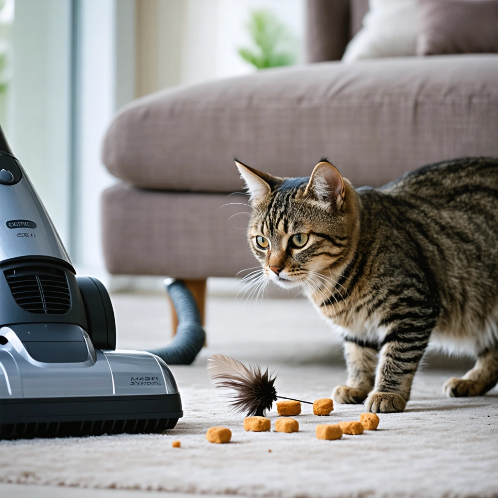 Un chat domestique observe un aspirateur à distance dans un salon lumineux, tandis qu’un jouet et des friandises sont utilisés pour le rassurer