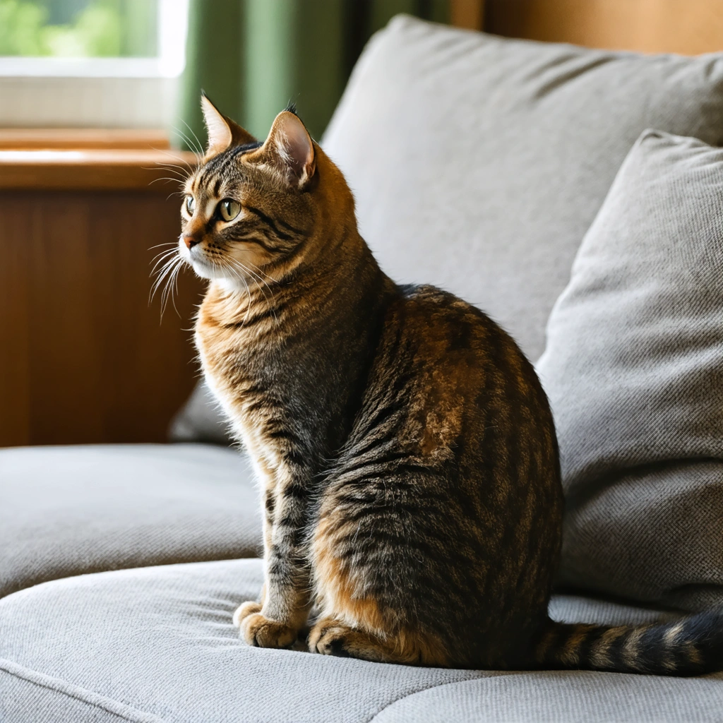 Chat domestique vu de profil avec une zone de perte de poils sur le bas du dos, pendant qu'une personne examine doucement son pelage dans un intérieur lumineux