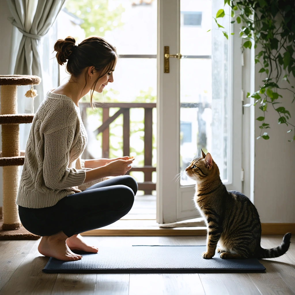 Une femme apprend calmement à son chat à rester sur un tapis à distance de la porte d’entrée ouverte, dans un intérieur chaleureux et sécurisé.