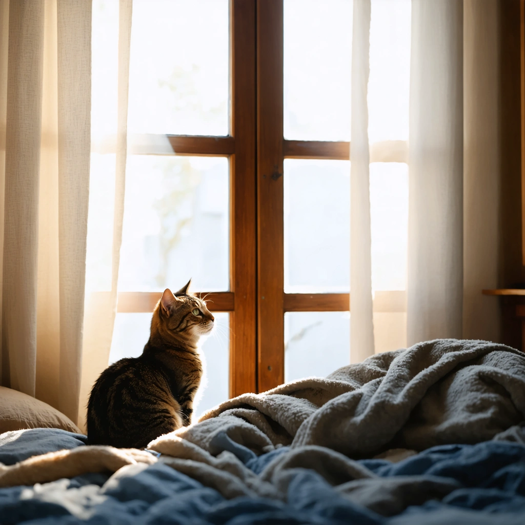 Un chat gratte avec insistance au bas d'une porte de chambre au petit matin pendant qu'une personne essaie encore de dormir.