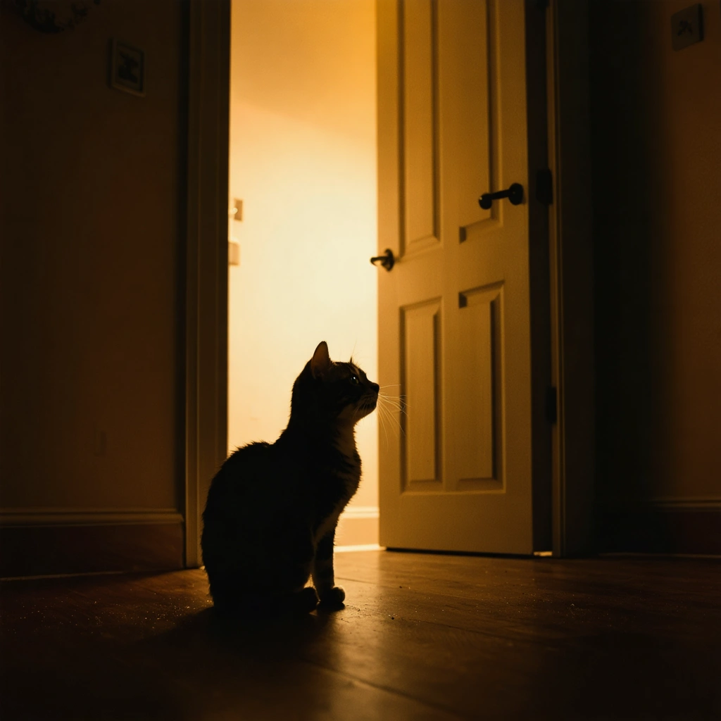 Un chat miaule devant la porte fermée d'une chambre pendant la nuit dans un appartement chaleureux.