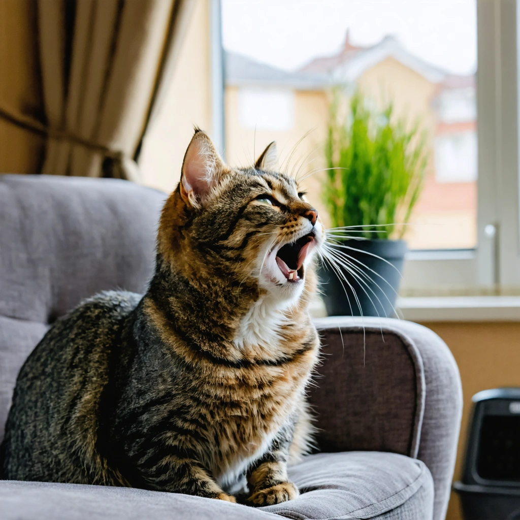 Un chat domestique assis sur un canapé à la maison, semblant éternuer légèrement sans écoulement nasal visible