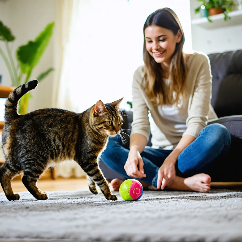 Un chat dans un salon rapporte une petite balle à sa proprietaire assise au sol, dans un moment de jeu complice et naturel.