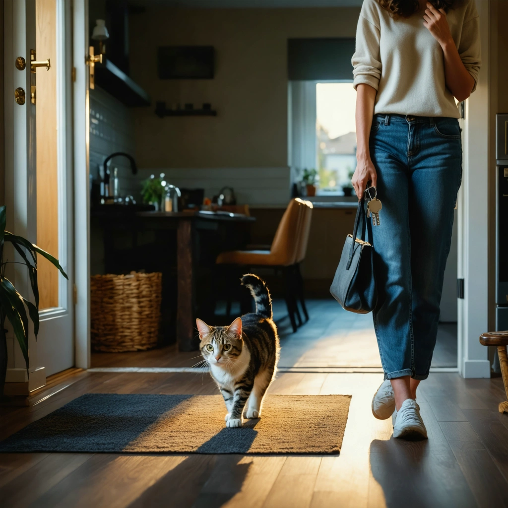 Une femme rentre du travail tandis que son chat miaule devant elle et l’attire vers la cuisine pour réclamer à manger.