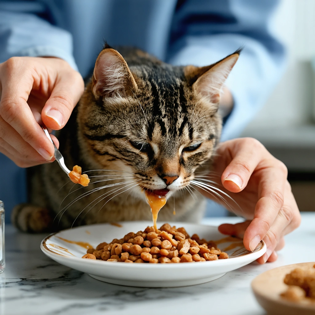 Un chat en convalescence après une extraction dentaire totale mange de la patee humide dans une assiette plate, avec une presence rassurante a cote de lui.