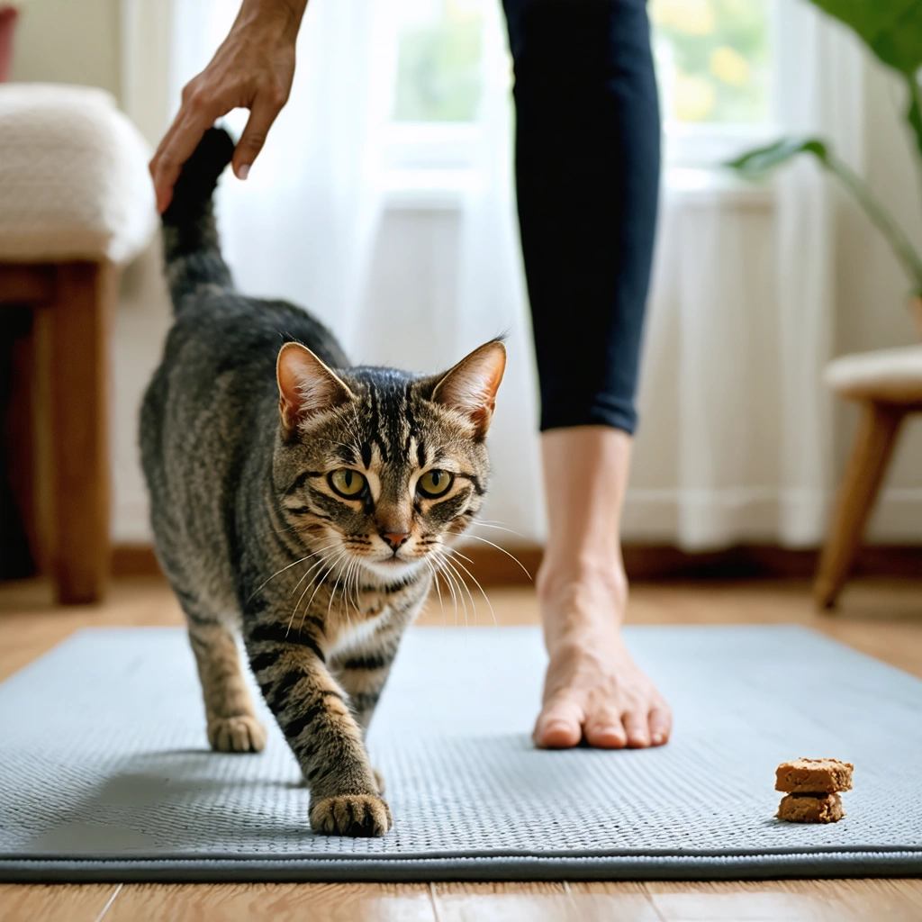 Un chat senior en convalescence après une chirurgie marche doucement sur un tapis antiderapant dans un interieur chaleureux, guide avec une friandise par une femme attentive.