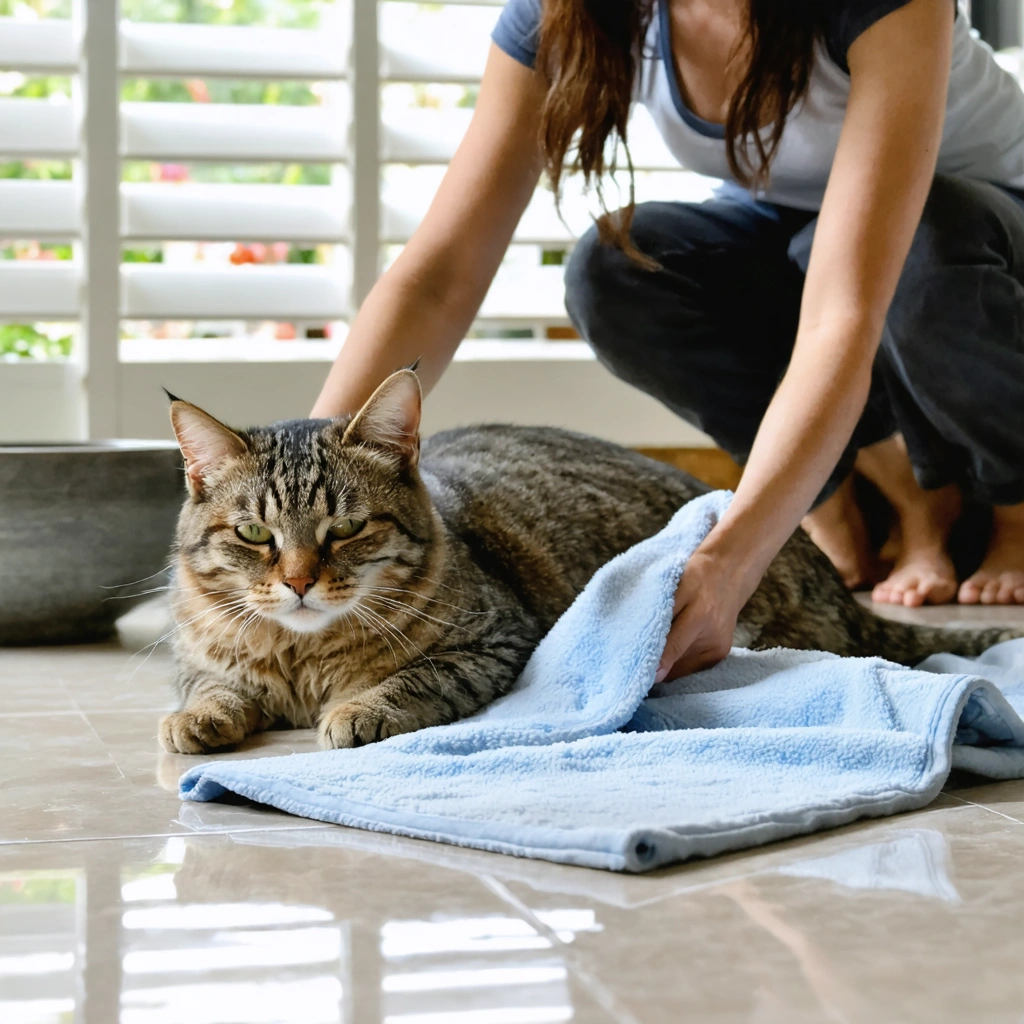 Un chat allongé sur un sol frais dans un appartement en été, près d'une serviette légèrement humide posée pour le rafraîchir.