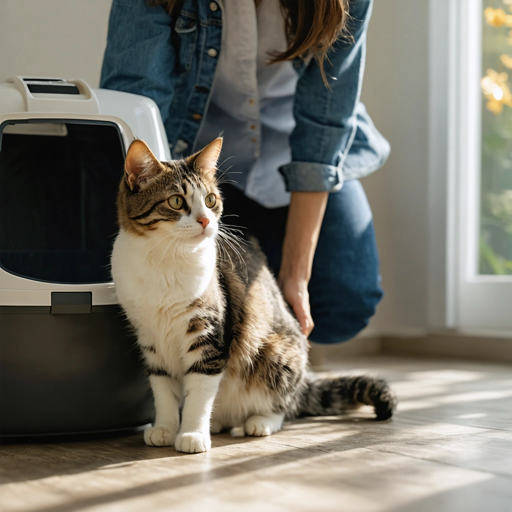 Un chat male pres de sa litiere semble inconfortable pendant qu'une femme l'observe avec inquietude dans un interieur lumineux.