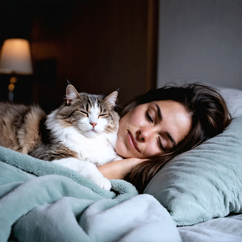Un chat dort paisiblement sur la poitrine et près du cou de sa proprietaire allongee dans son lit, dans une ambiance douce et chaleureuse.