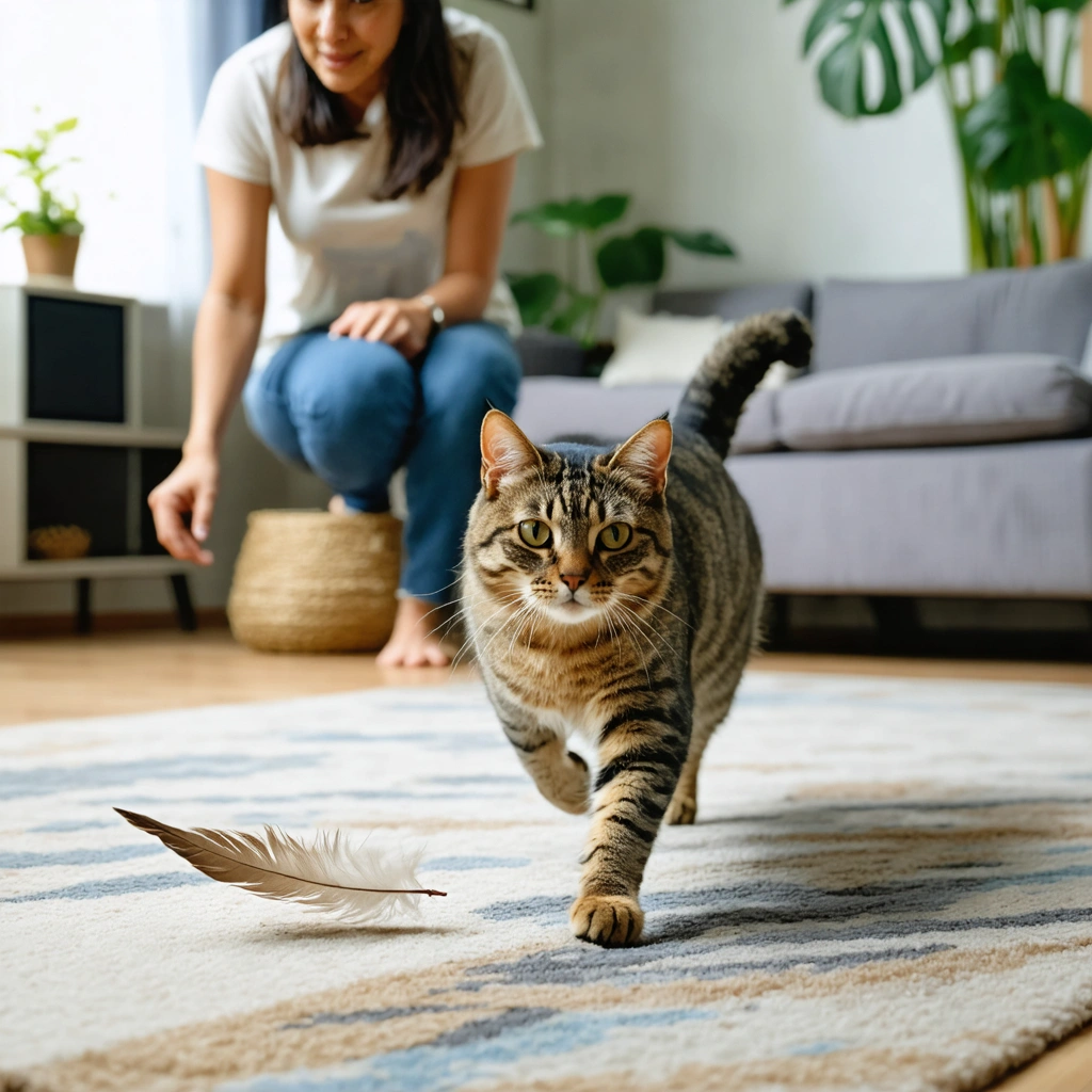 Un chat en surpoids joue doucement avec un jouet à plumes sur le sol d’un salon, encouragé par sa proprietaire dans un environnement calme et confortable.