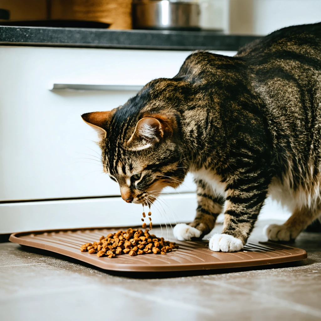 Un chat mange lentement de la pâtée étalée sur un tapis de léchage en silicone posé au sol dans une cuisine lumineuse.