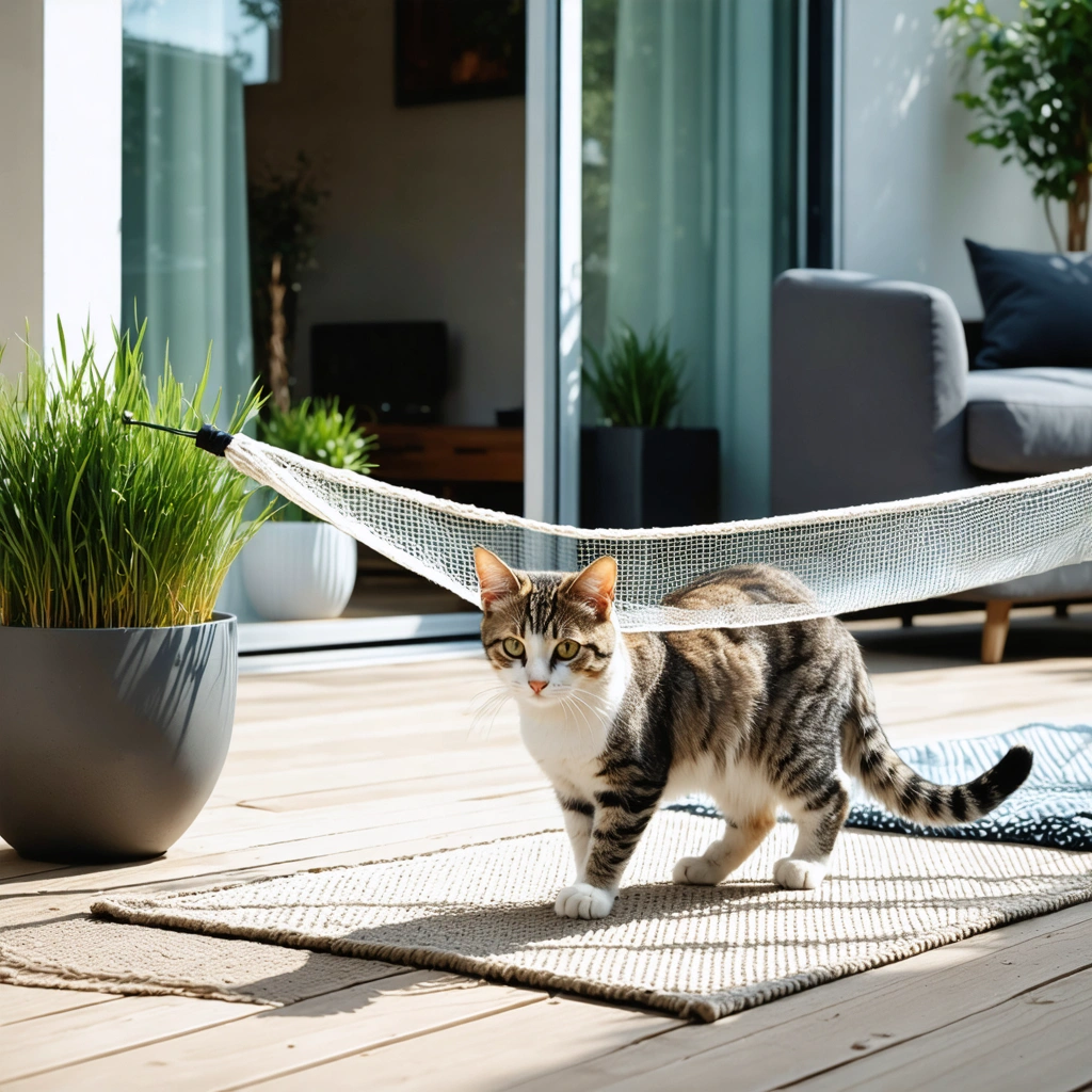 Un chat d’interieur decouvre calmement une terrasse securisee par un filet, amenagee avec un coin confortable pres d’une baie vitree.