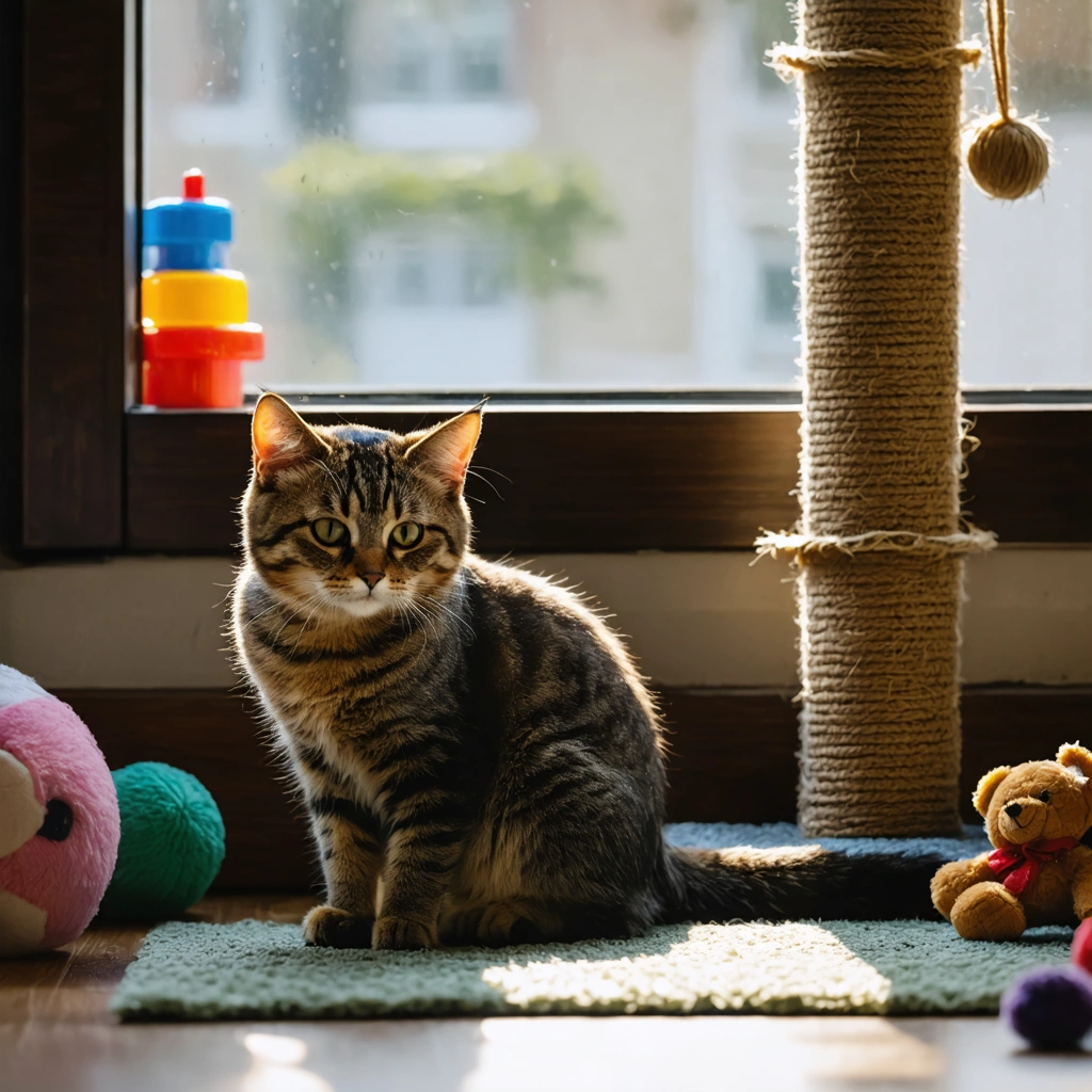 Un chat d’intérieur à l’air triste assis près d’une fenêtre, avec quelques jouets au sol dans un salon calme.