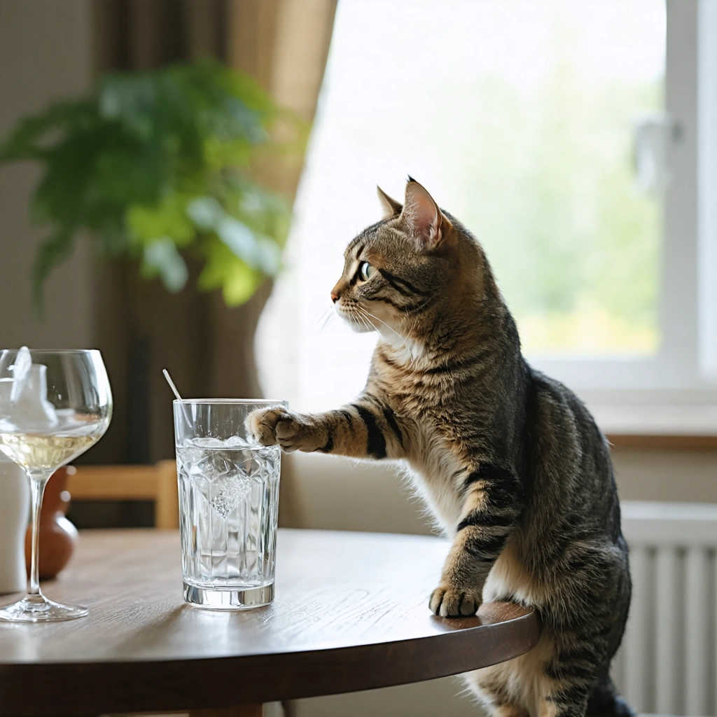 Un chat curieux sur une table tend la patte vers un verre d’eau sur le point d’etre renverse dans un interieur de maison realistement eclaire.