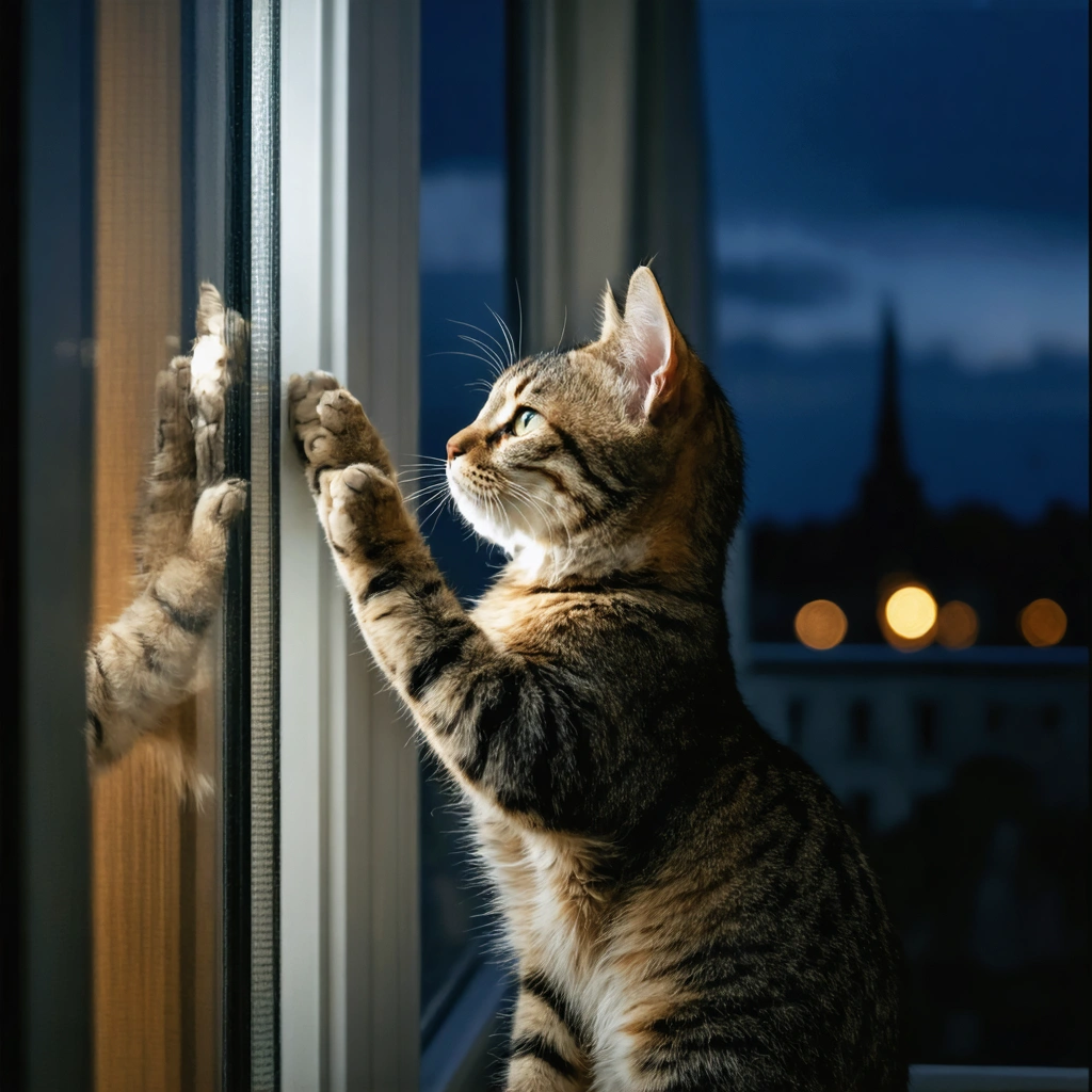 Un chat domestique gratte une grande vitre la nuit dans un appartement, avec son reflet visible sur la surface vitree.