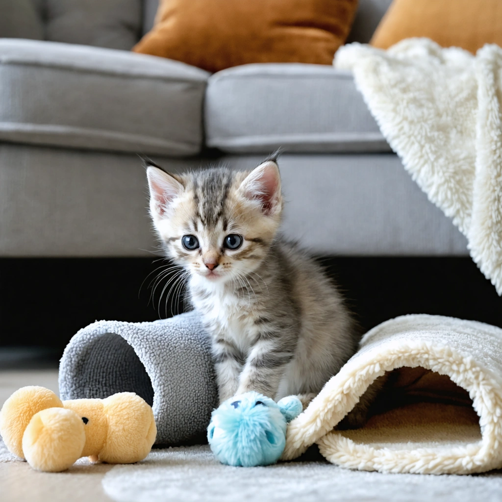 Un jeune chaton apaisé joue dans un salon avec un tunnel en tissu, un tapis de fouille et une couverture douce, dans une ambiance chaleureuse et rassurante.