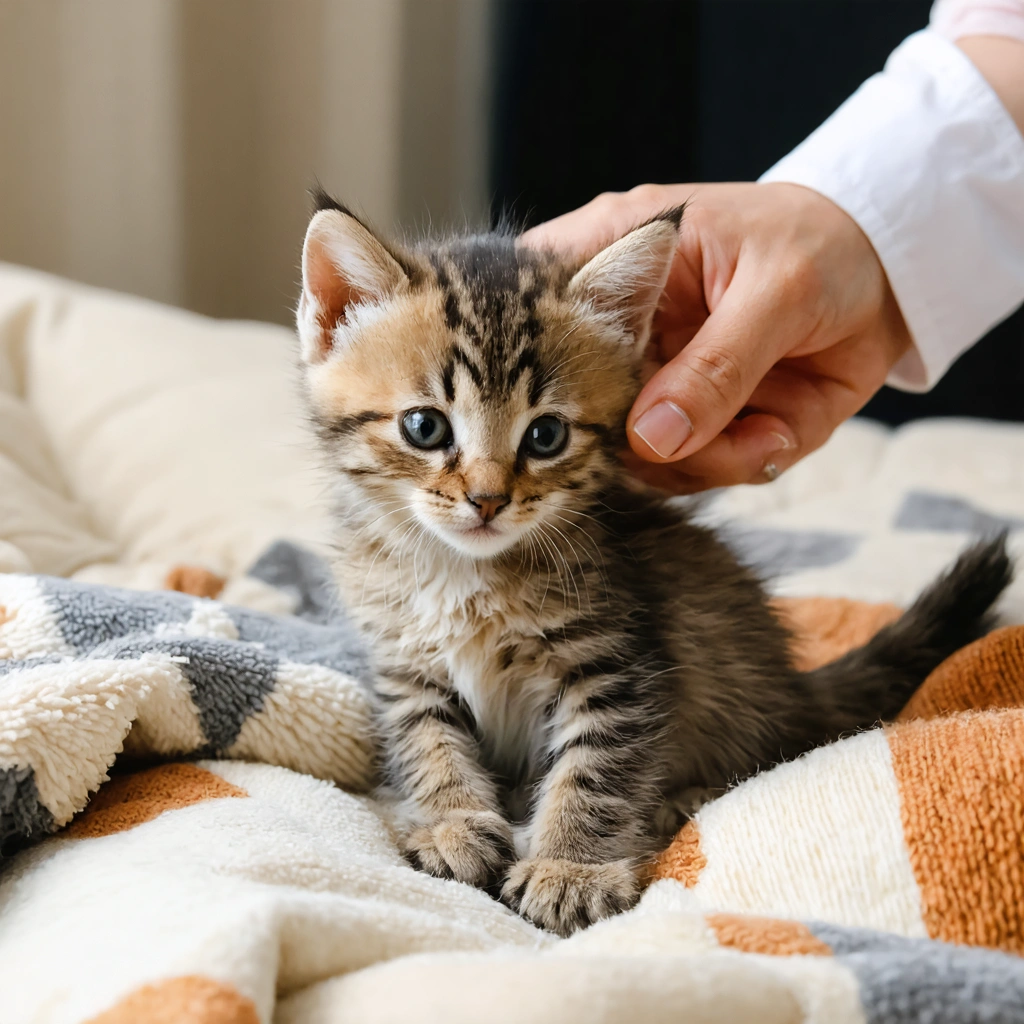 Une femme manipule doucement la patte et l’oreille d’un chaton assis sur une couverture, dans une ambiance calme et rassurante.