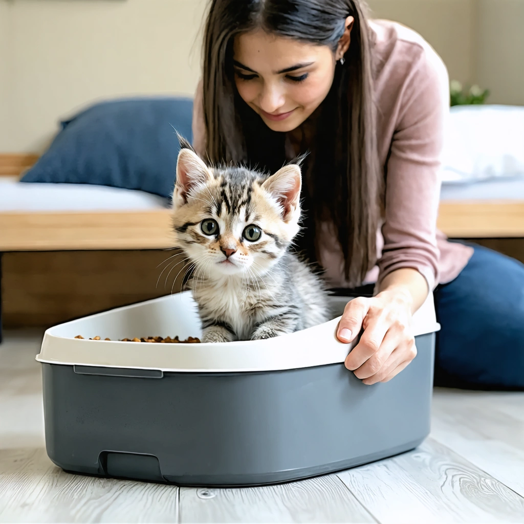 Un jeune chaton près de sa litière tandis qu’une femme observe son état avec attention pour repérer d’éventuels signes de vers intestinaux.