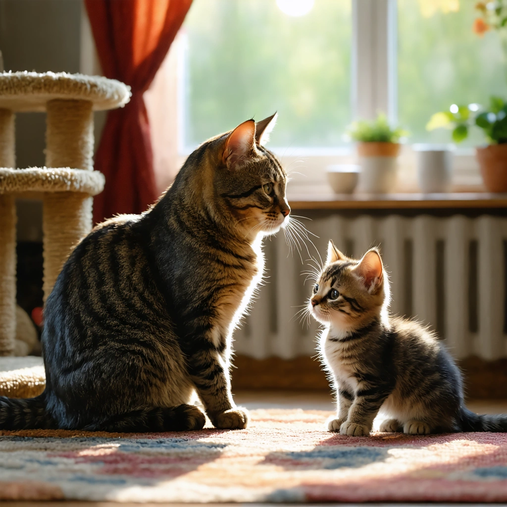 Un vieux chat observe calmement un chaton dans un salon chaleureux, lors d’une introduction progressive et sans stress.