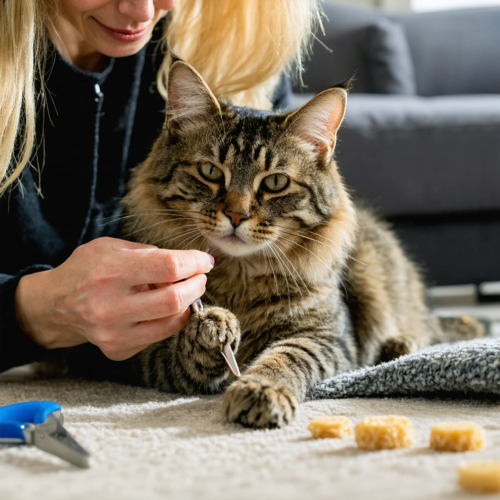 Une femme coupe doucement les griffes d’un chat calme installé sur une couverture dans un salon lumineux, avec des friandises à proximité.
