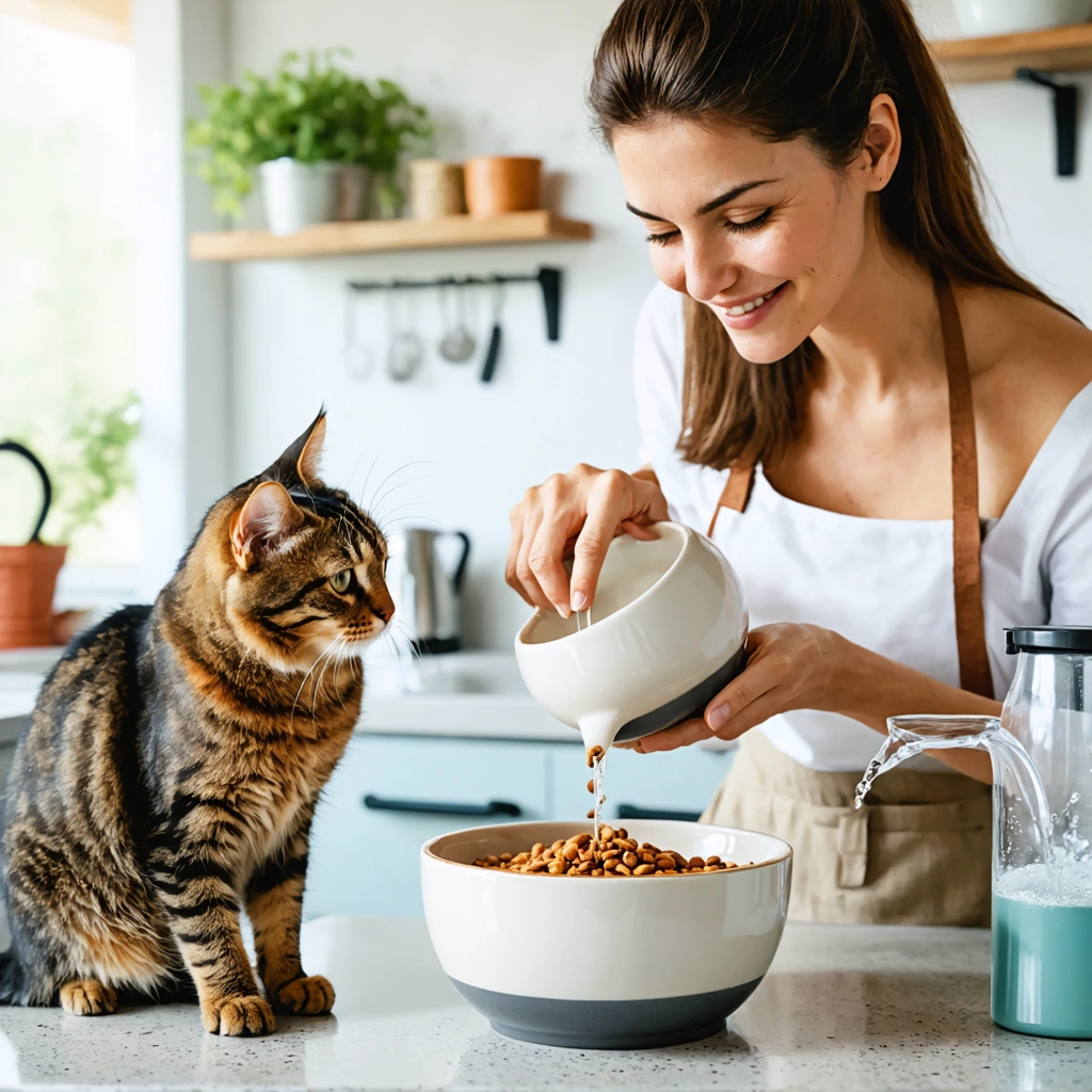 Une femme prépare des croquettes réhydratées dans une gamelle pour un chat qui boit peu, dans une cuisine lumineuse avec un bol d’eau et une fontaine en arrière-plan.