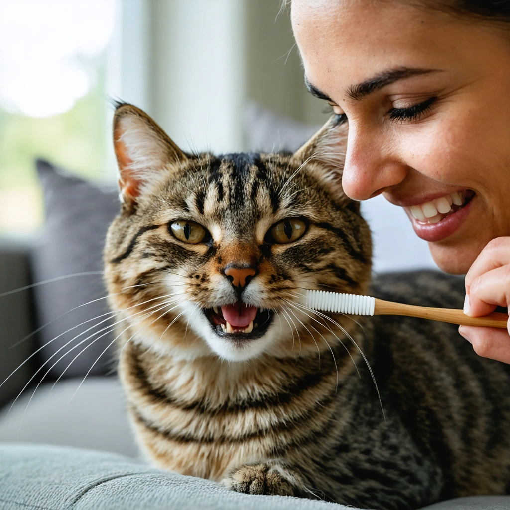 Une femme nettoie doucement les dents de son chat avec une compresse enroulee autour du doigt, dans un salon lumineux et calme.