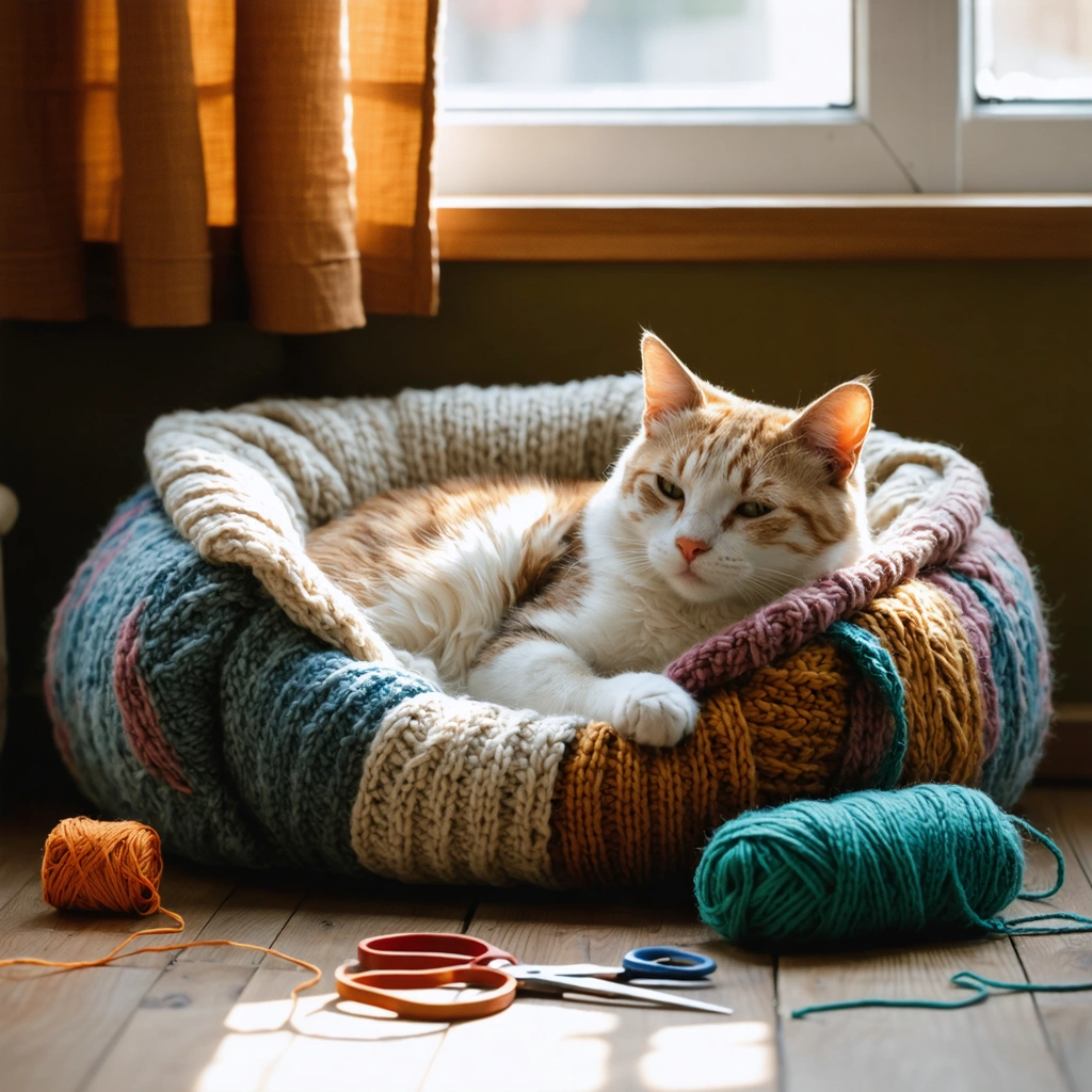 Un chat repose dans un dodo fait maison avec un vieux pull enroulé autour d’un coussin, dans un intérieur chaleureux et lumineux.