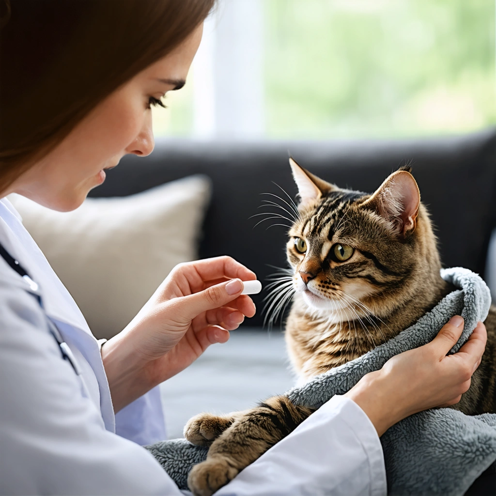 Une femme enveloppe doucement un chat dans une serviette pour lui donner une gélule sans le stresser, dans un salon lumineux.