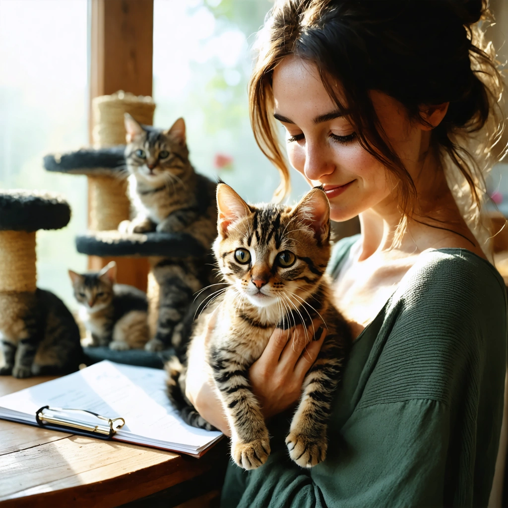 Une eleveuse de chats de race discute avec une future adoptante dans un elevage propre et chaleureux, avec un chaton dans les bras et des chats adultes calmes a l'arriere-plan.
