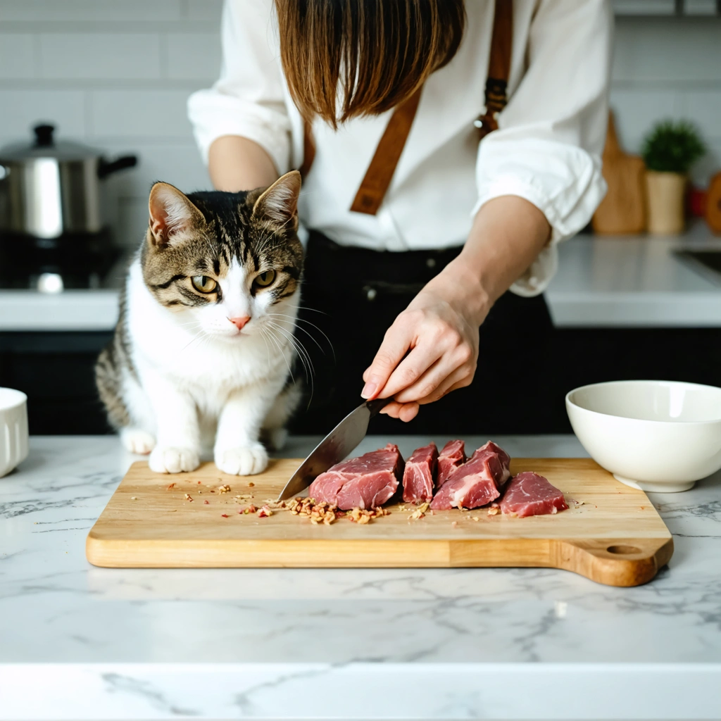 Une femme prépare de petits morceaux de foie de volaille cuit pour un chat attentif dans une cuisine propre et lumineuse.
