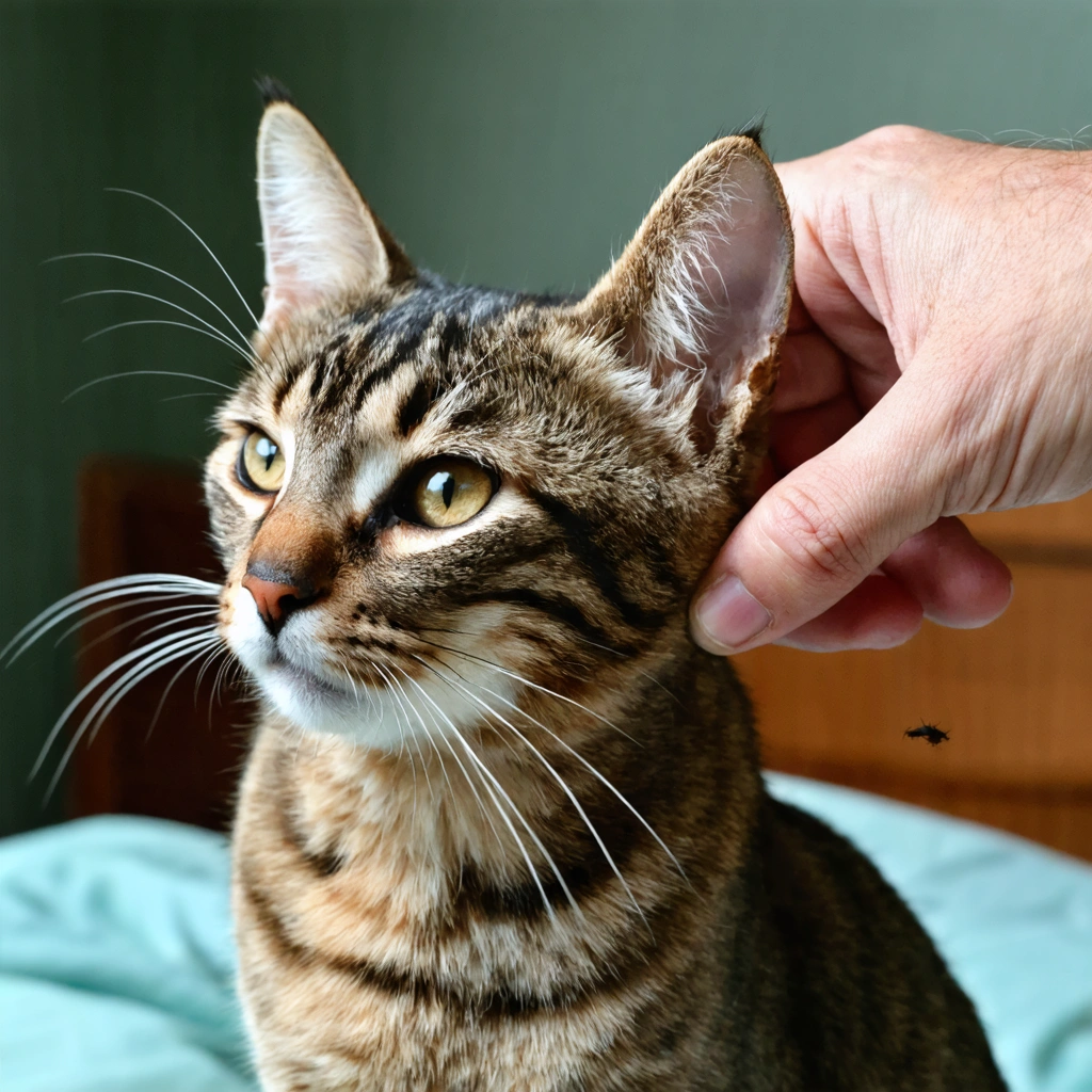 Gros plan réaliste d’un chat domestique dont l’oreille est examinée doucement à la maison, avec des dépôts foncés visibles évoquant une gale auriculaire.