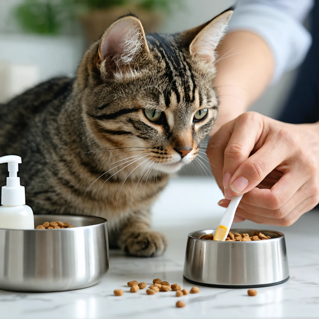 Une femme examine doucement la bouche d'un chat à la maison, avec une gamelle d'eau, de la nourriture humide et des accessoires de soin bucco-dentaire adaptés.