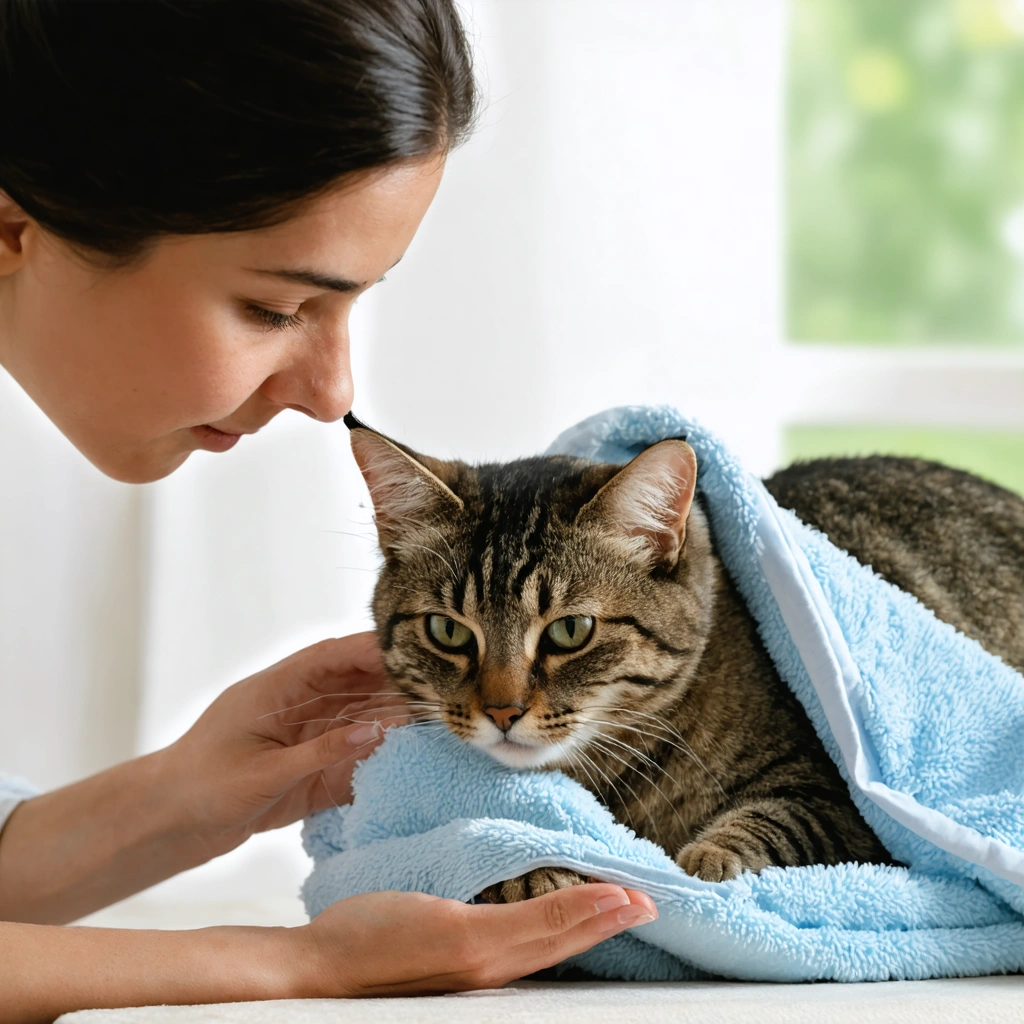 Une femme administre doucement des gouttes dans l’œil d’un chat légèrement enveloppé dans une serviette, dans une ambiance calme à la maison.