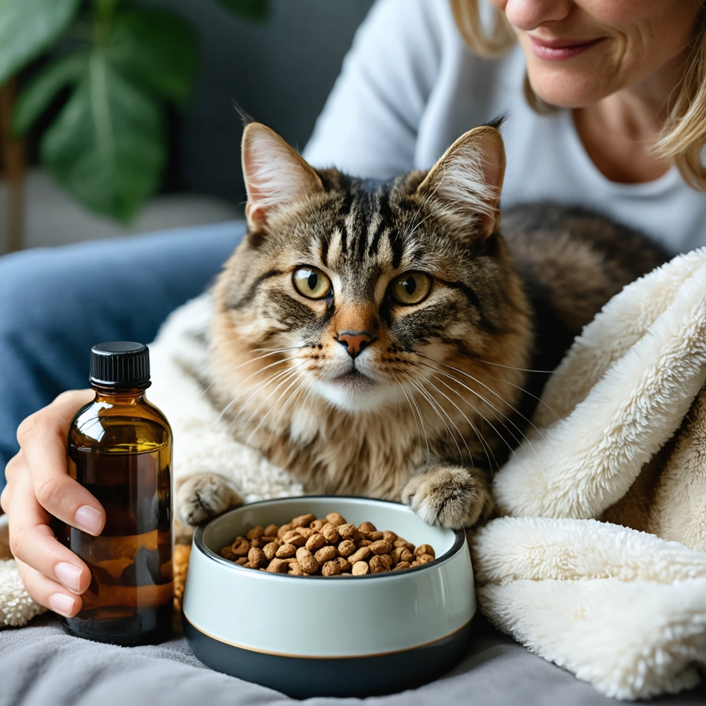 Un chat senior installé sur un plaid près de sa gamelle, tandis qu’une main tient un flacon d’huile de poisson pour illustrer le choix d’un complément pour ses articulations.