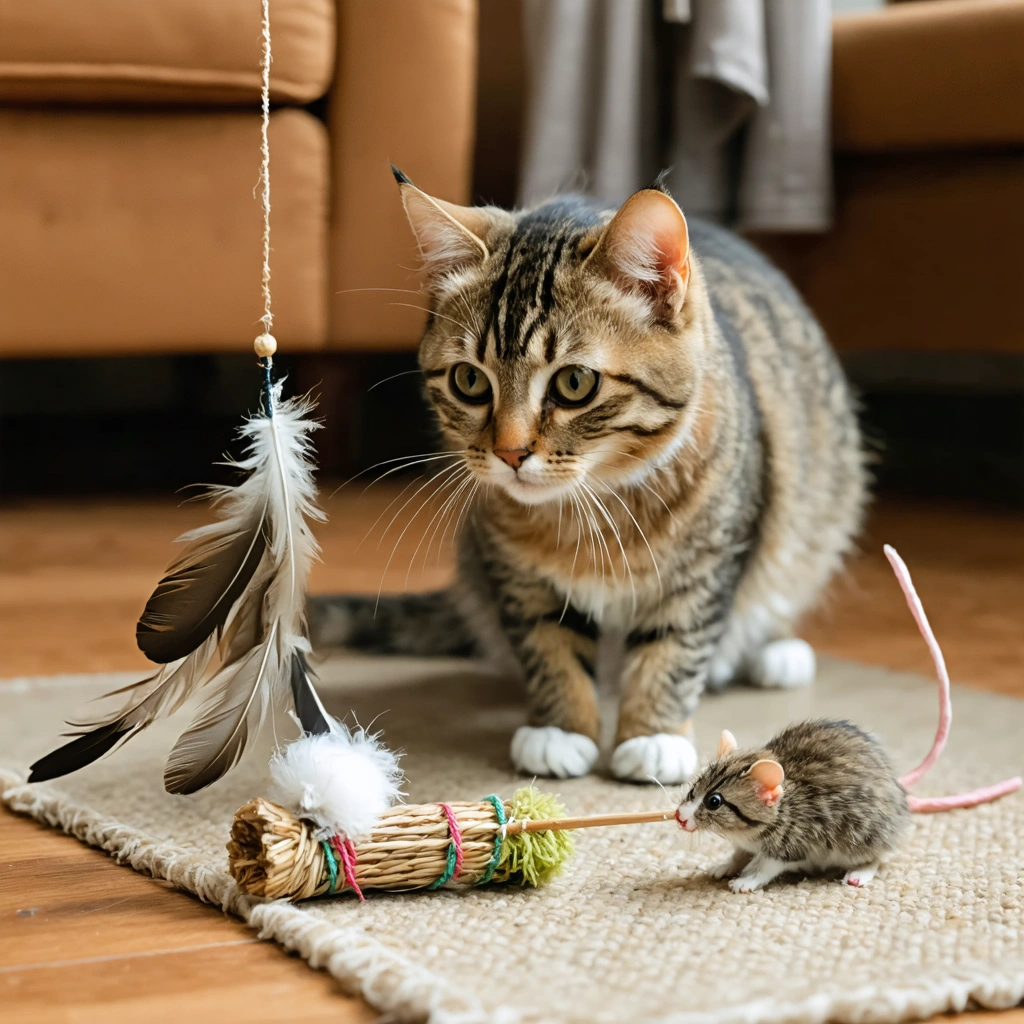 Un chat d’intérieur observe et chasse plusieurs jouets faits maison avec des plumes naturelles dans un salon lumineux.