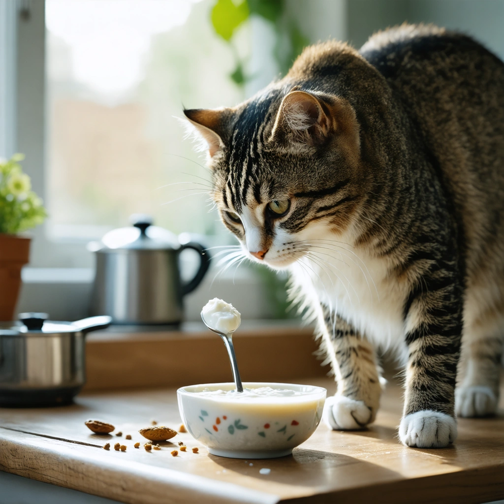 Un chat domestique renifle une petite cuillère de kéfir près de sa gamelle dans une cuisine lumineuse, sous le regard attentif de sa proprietaire.