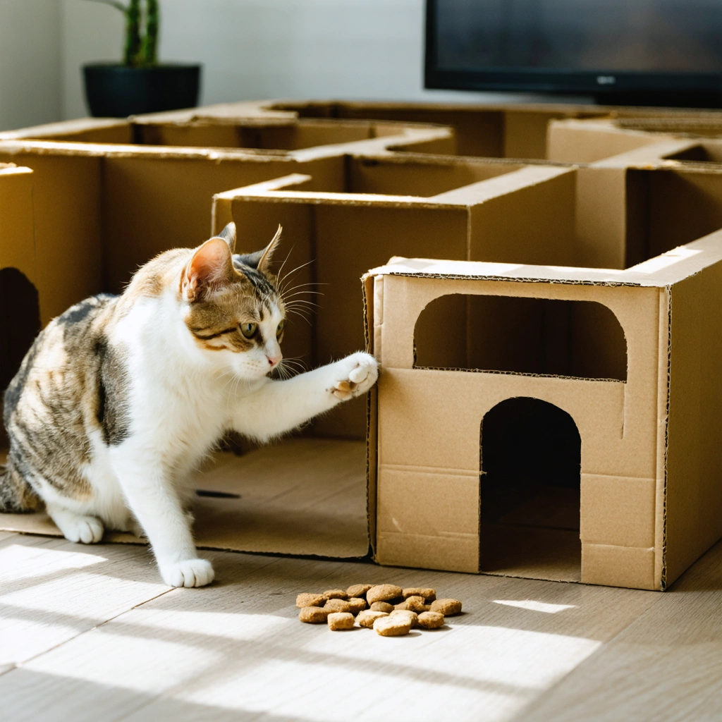 Un chat d interieur joue avec un labyrinthe a friandises fabrique dans un vieux carton pose sur le sol du salon