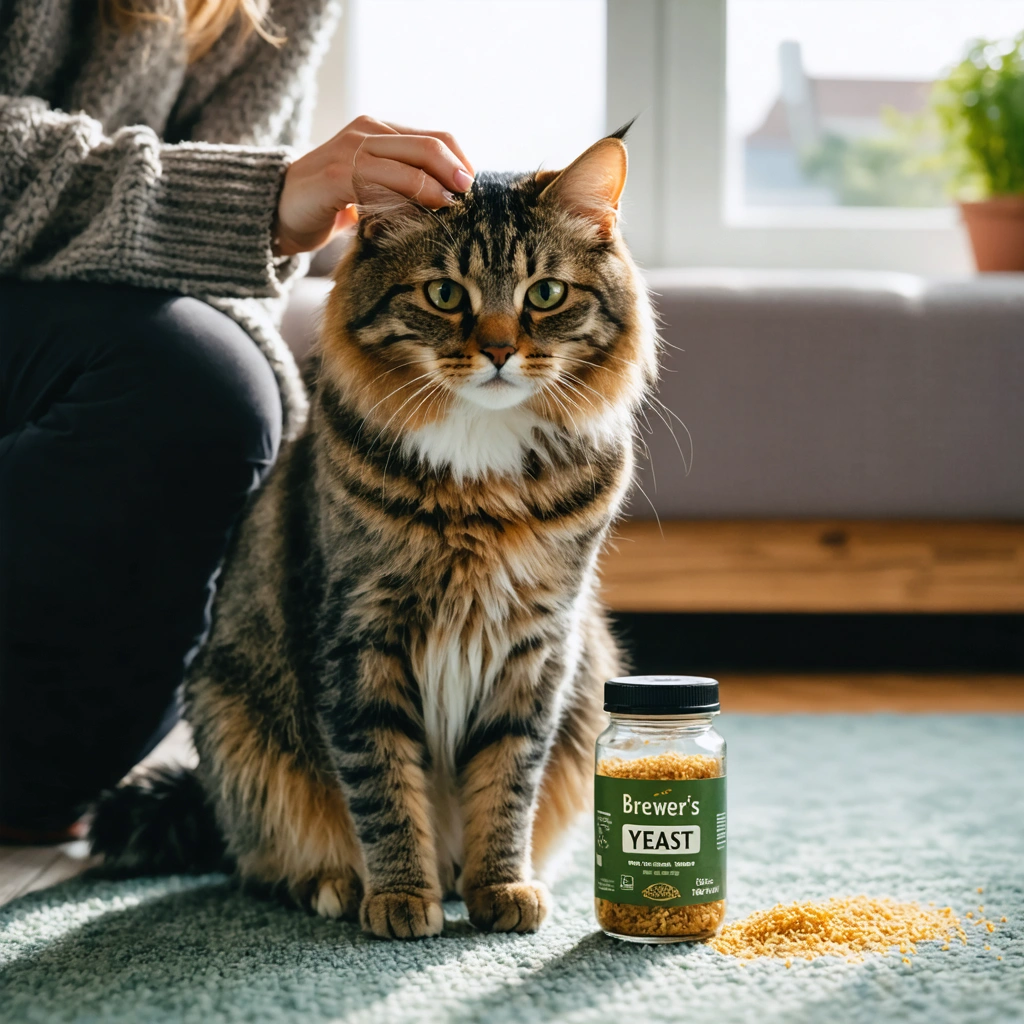 Une femme examine le pelage d’un chat dans un salon lumineux, avec un petit pot de levure de bière posé à côté, pour illustrer la question de la perte de poils chez le chat.