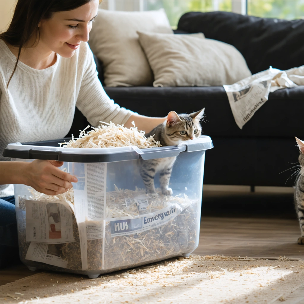 Une femme prépare une litiere d appoint pour chat avec du papier journal broye dans un bac propre pendant qu un chat observe a cote