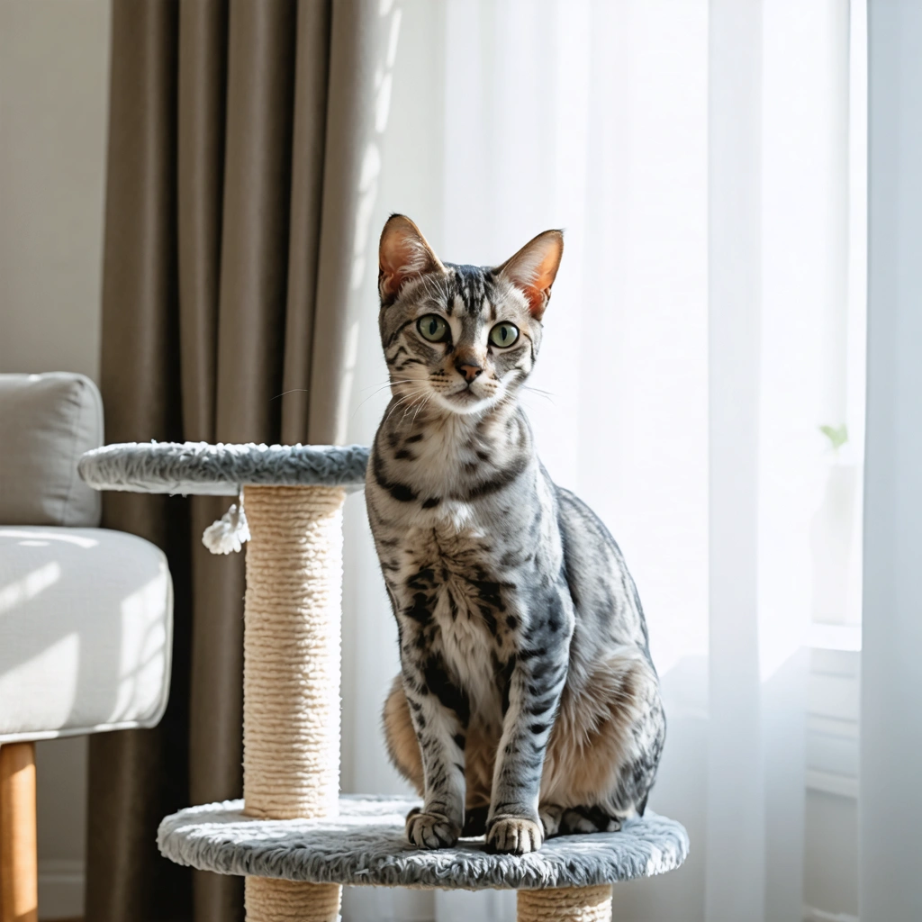 Un Mau égyptien au pelage argenté tacheté et aux yeux verts, assis avec élégance dans un salon lumineux près d’un arbre à chat.