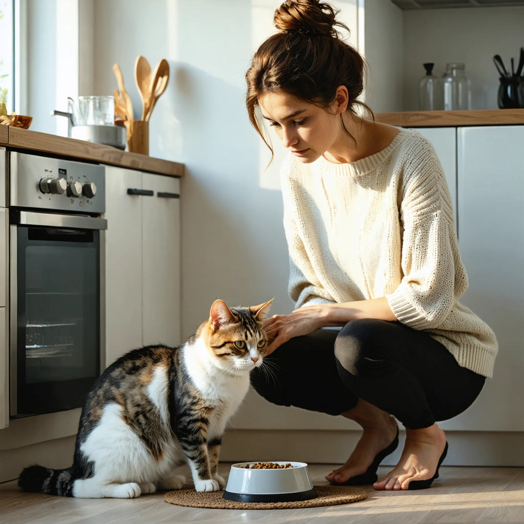 Une femme observe attentivement son chat dans une cuisine pour comprendre si ses miaulements expriment la faim ou une douleur.