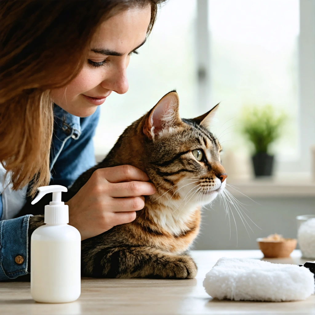 Une femme nettoie doucement l’oreille visible d’un chat calme avec une compresse dans un salon lumineux, avec un flacon de soin auriculaire posé à côté.