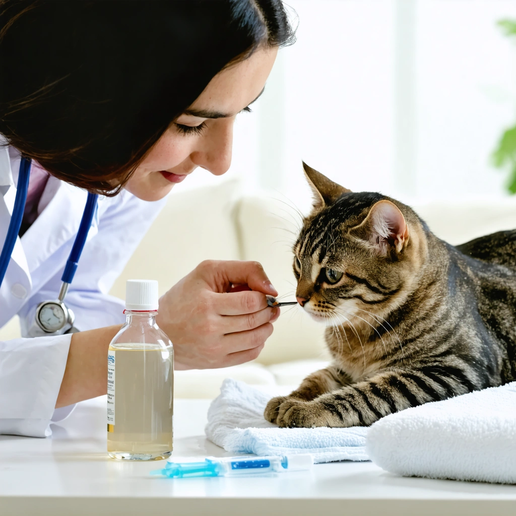 Une femme nettoie doucement une petite plaie de morsure sur le flanc d’un chat avec une compresse et du serum physiologique dans un environnement calme.