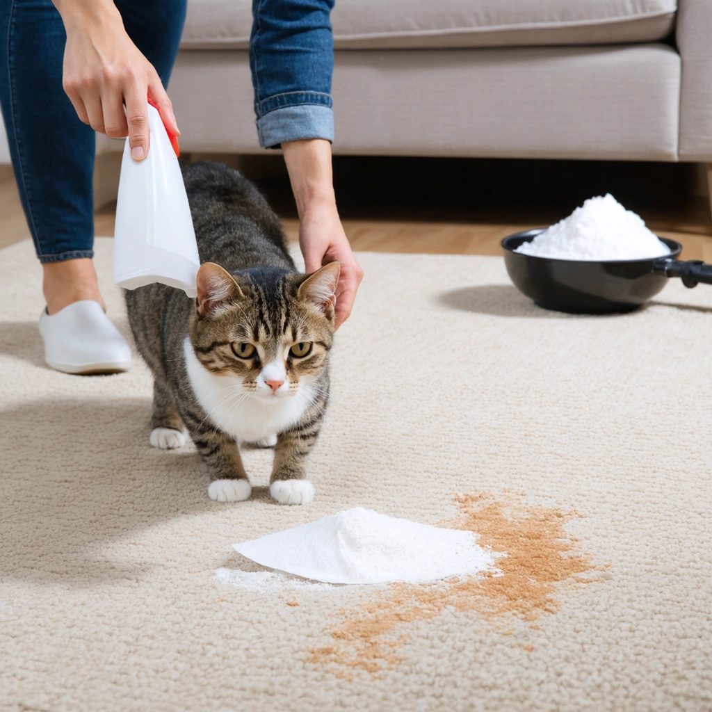 Une personne nettoie une tache de vomi de chat sur un tapis clair dans un salon, tandis qu’un chat observe la scène avec un air innocent.