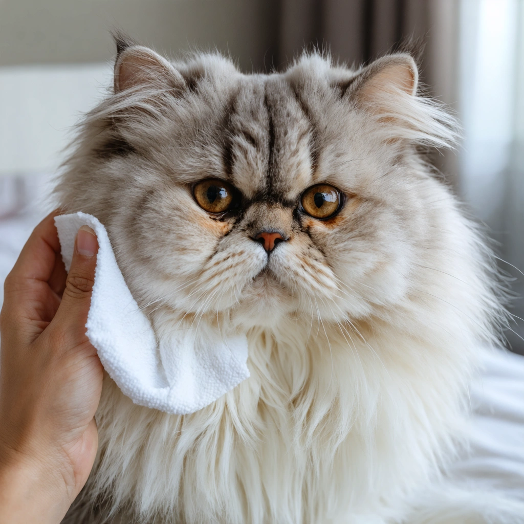 Une femme nettoie délicatement les traces de larmes brunes sous les yeux d’un chat persan clair avec une compresse dans un intérieur lumineux.