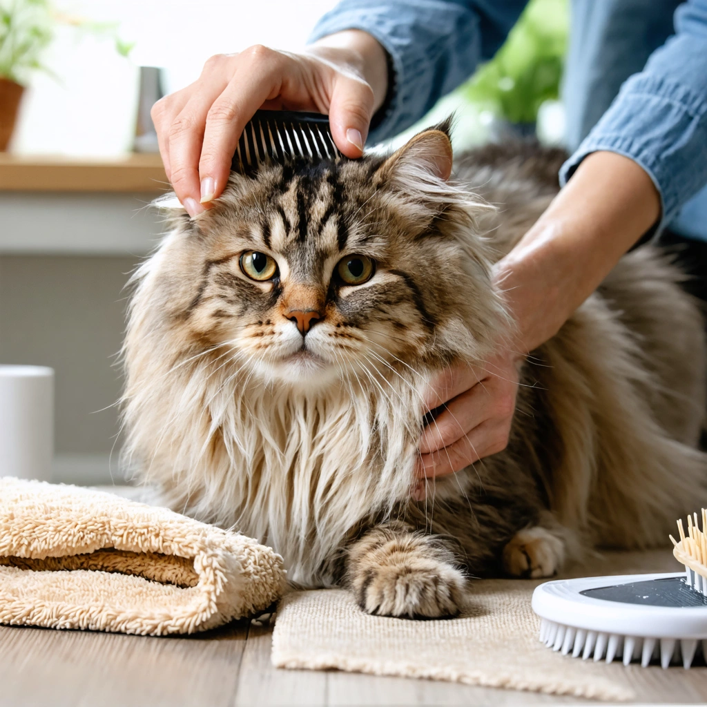 Une femme démêle doucement un nœud dans les poils d’un chat à poils longs avec ses doigts et un peigne, dans un intérieur calme.