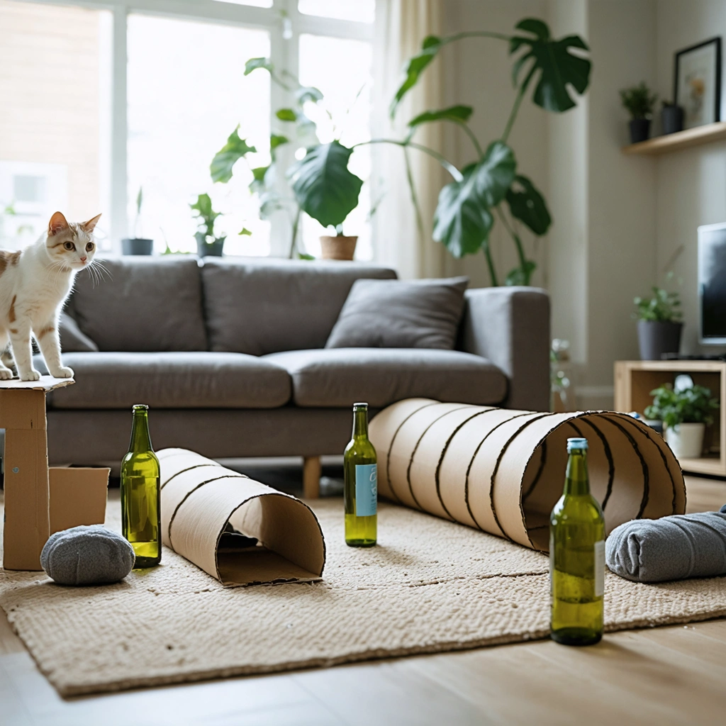 Un chat dans un salon traverse un parcours d’agilite maison compose de cartons, chaises, coussins et petits obstacles du quotidien.