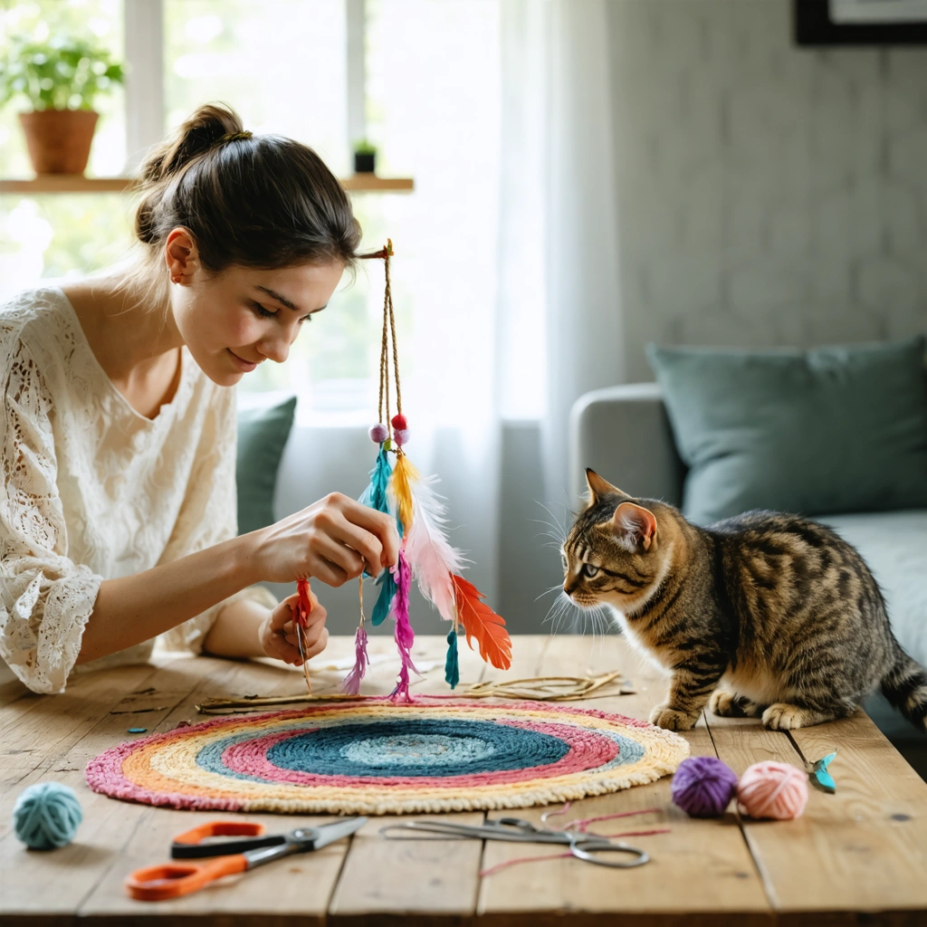 Une femme fabrique un plumeau pour chat avec des chutes de tissu, une baguette et une ficelle, pendant qu’un chat observe et tente d’attraper le jouet.