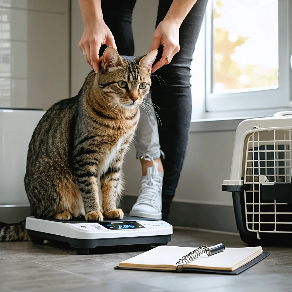 Une femme pèse son chat à la maison avec une balance de salle de bain, dans un intérieur chaleureux, pour surveiller son poids sans balance vétérinaire.